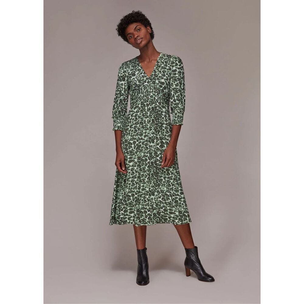 Whistles Clouded Green Leopard Print Shirred Midi Dress Size US 8 MSRP $299